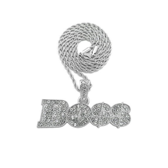 iJewelry2 Urban BOSS Script Pendant with Crystals Encrusted Silver-tone Rope Chain Necklace
