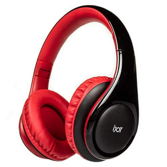 iJoy ISO Bluetooth 5.0 Wireless Over Ear Foldable Stereo Headphones with 30 Hours Battery and Built-in Microphone, Black/Red