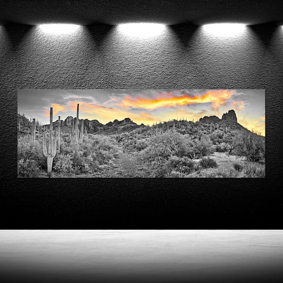 iKNOW FOTO Sonoran Desert Canvas Art Sunset Cactus USA Natural Landscape Picture Print for Home & Office Decor Stretched and Framed Ready to Hang 20x48 Inches
