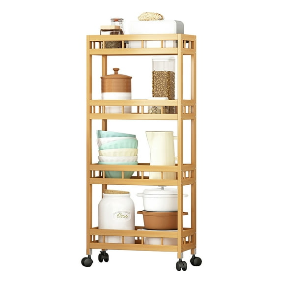 iKayaa 4-Tier Slim Storage Cart of High Mountain Solid Bamboo Kitchen Organizer Slide-Out Mobile Storage Cart Rolling Pantry Shelf Kitchen Shelving Unit Utility Cart