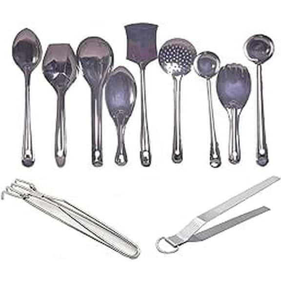 iKonbi Set of 11 Kitchen Serving Tools - Long Vegetable Cooking Pan, Biryani Spoon, Deep Float, Wide Rainbow, Palta, Zara, Small Spoodle, Rice Punja, Big Spoodle,Pakkad and Chimta.