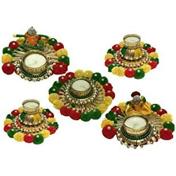 iKonbi Set of 5 Rangoli with Diya Set - Artificial Matka and Puppets Rangoli with Tealight Festive Decor/Home Decoration/Housewarming Favor/Wedding Gift/Tea Party Decor/Diwali Tealight Candle