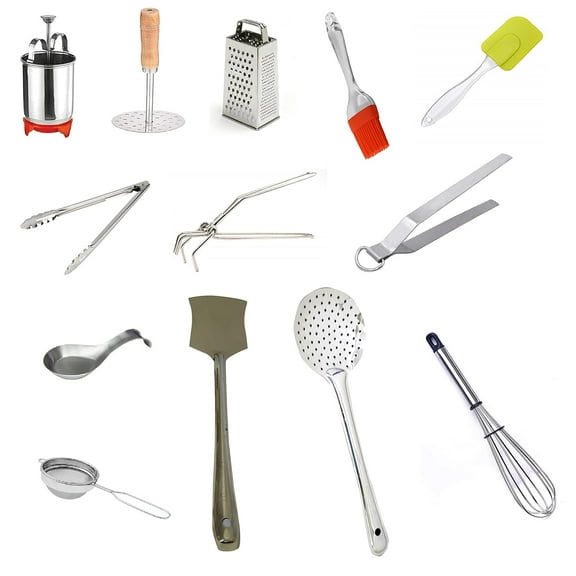 iKonbi Stainless Steel 13 in 1 Perfect Kitchen Tool Combo Set - Potato Masher, Mendu Vada Maker, Spoon Rest, Chimta, Pakkad, Tea Strainer, Whisker, Grater, Silicon, Spatula, Zara, palta,Tong