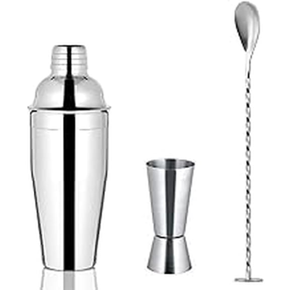 iKonbi Stainless Steel 3 Pcs Professional Barware Set- Cocktail Shaker 750, 30/60 Peg Measure and Mixing Stirrer