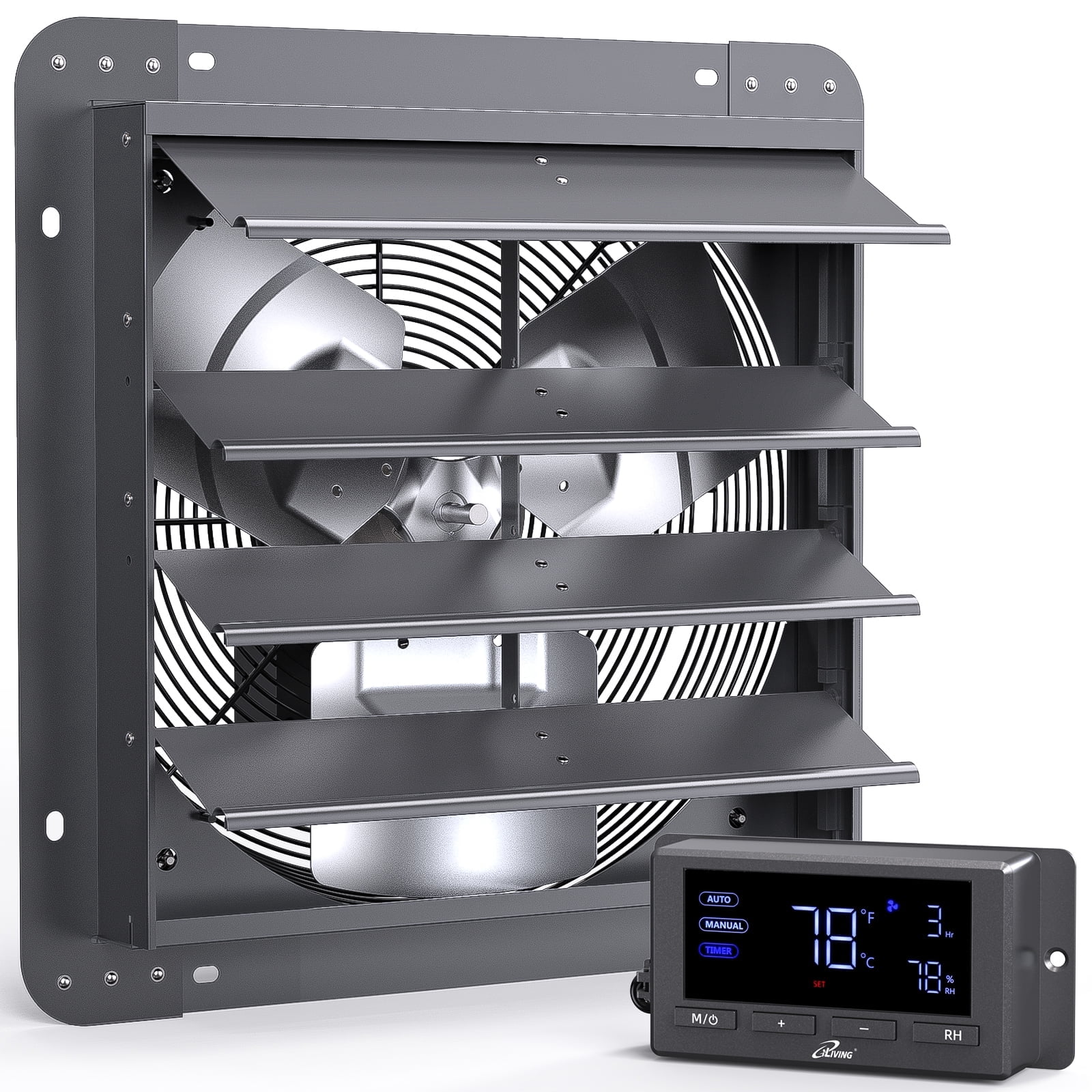 iLIVING 14" Wall Mounted Shutter Exhaust Fan, Automatic Shutter, Temperature and Humidity Controls with Variable Speed, 1200 CFM at 1600 RPM DC Motor