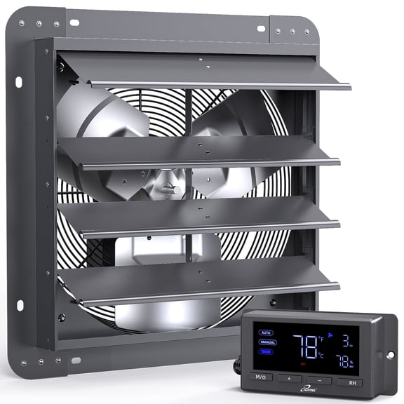 iLIVING 14" Wall Mounted Shutter Exhaust Fan, Automatic Shutter, Temperature and Humidity Controls with Variable Speed, 1200 CFM at 1600 RPM DC Motor