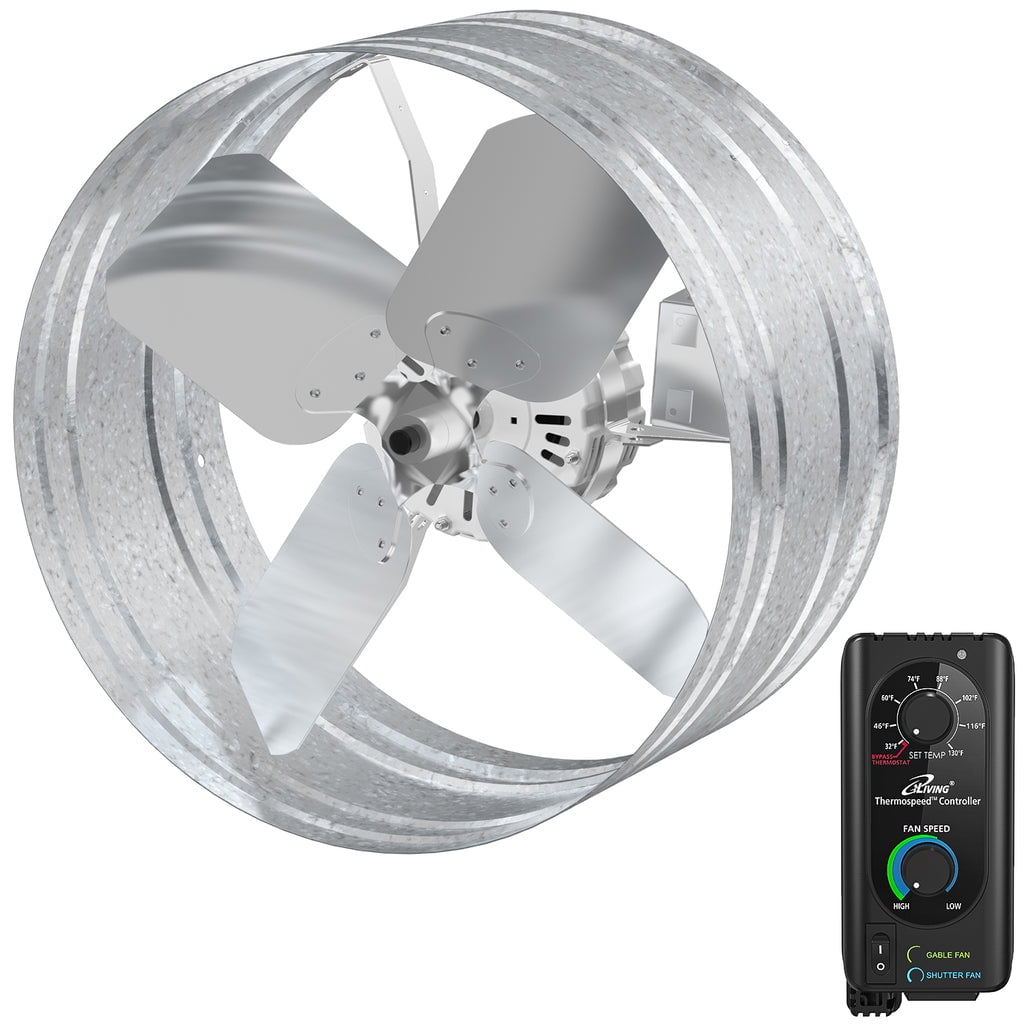 14" Silver Wall Mounted Variable Speed Gable Exhaust Fan with Thermostat