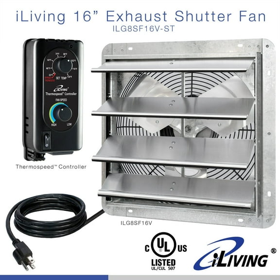 iLIVING 16" Wall Mounted Shutter Exhaust Fan, Automatic Shutter, with Thermostat and Variable Speed controller, 0.85A, 1200 CFM, 1800 SQF Coverage Area Silver (ILG8SF16V-ST)