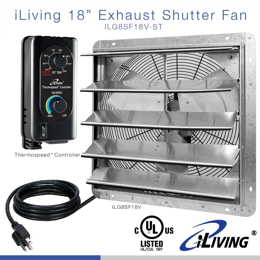 iLIVING 18" Wall Mounted Shutter Exhaust Fan, Automatic Shutter, with Thermostat and Variable