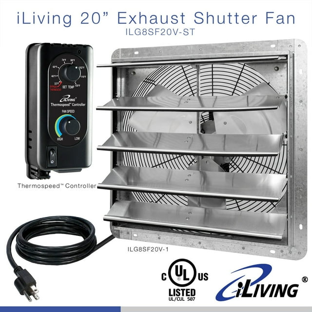 iLIVING 20" Wall Mounted Shutter Exhaust Fan, Automatic Shutter, with Thermostat and Variable Speed controller, 2.2A, 3368 CFM, 5000 SQF Coverage Area Silver (ILG8SF20V-ST)