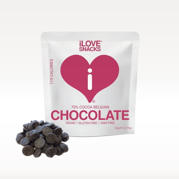 iLOVE SNACKS - 70% Cocoa Belgian Chocolate, Nibbles, Dark Chocolate Chips, Cacao Nibs, Chocolate Buttons, Gluten-Free, Antioxidants, Vegan, GMO Free, Sustainable Snack, Suitable for Baking, 15 x 22g