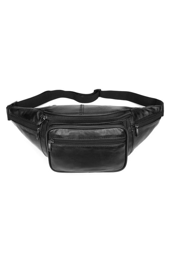 L007-L Black iLeather Genuine Leather Large Size 5 Pockets Fanny Pack Waist Pack - Black