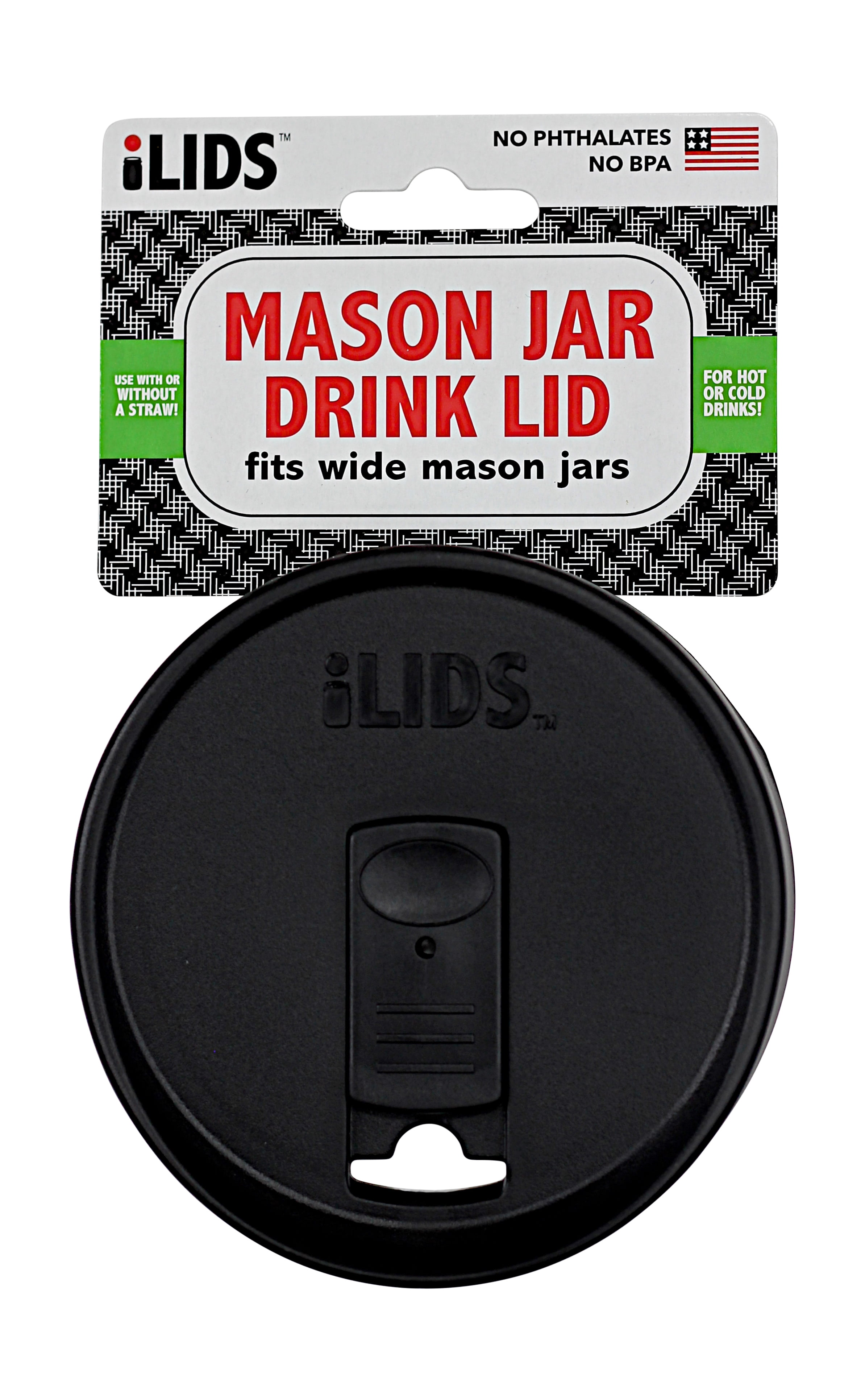 iLids Wide Mouth Plastic Mason Jar Lid for Drinking, Reusable Canning Jar Drink Lid for Iced Coffee, Smoothies, and Beverages, Black
