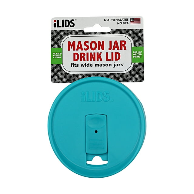 iLids Plastic Drink Lid for Wide Mouth Jars, Aqua Blue, Spill Resistant