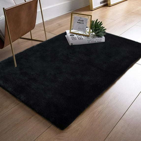 iLieber Faux Rabbit Soft Fluffy Fur 2x3 Black Area Rug,Washable Rugs Bedside Rug Plush Rug Nursery Rug for Living Room Bedroom Teen Room