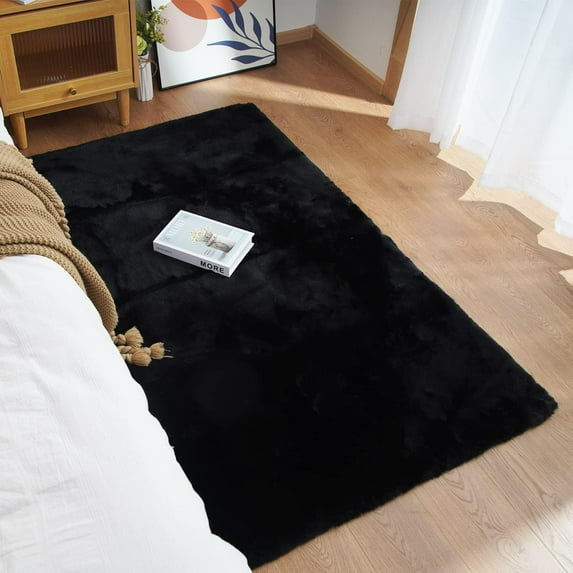 iLieber Faux Rabbit Soft Fluffy Fur 2x6 Black Area Rug,Washable Rugs Bedside Rug Plush Rug Nursery Rug for Living Room Bedroom Teen Room