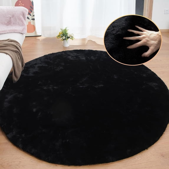 iLieber Faux Rabbit Soft Fluffy Fur 6ft Black Area Round Rug,Washable Rugs Bedside Rug Plush Rug Nursery Rug for Living Room Bedroom Teen Room