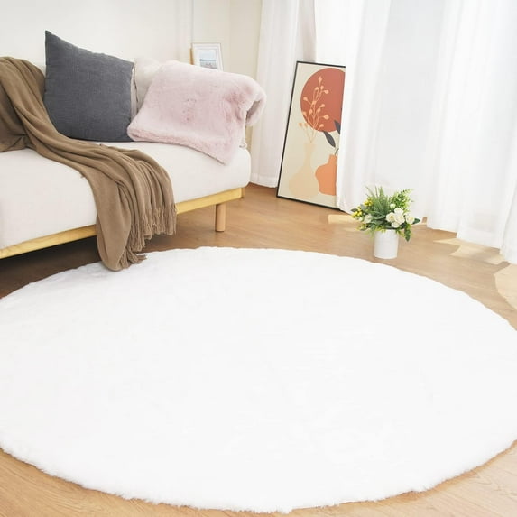 iLieber Faux Rabbit Soft Fluffy Fur 8ft White Area Round Rug,Washable Rugs Bedside Rug Plush Rug Nursery Rug for Living Room Bedroom Teen Room