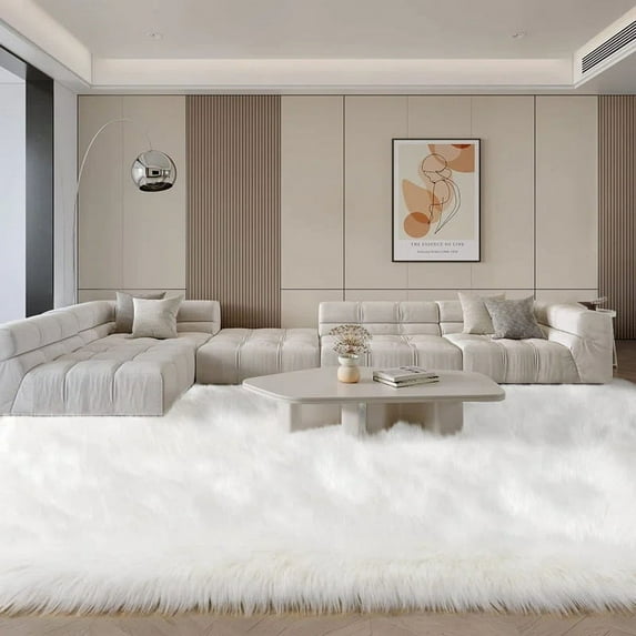 iLieber Sheepskin Soft Fluffy Fur 12x12 White Area Rug, Fuzzy Rug Washable Faux Fur Rug for Living Room Nursery Playroom Rectangle