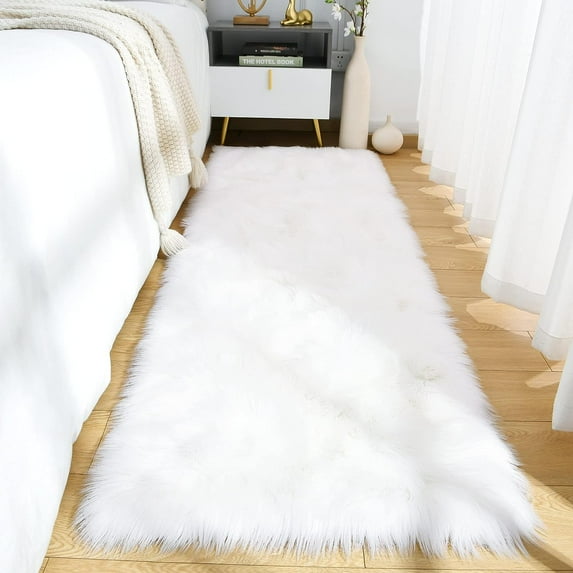iLieber Sheepskin Soft Fluffy Fur 2x10 White Area Rug, Fuzzy Rug Washable Faux Fur Rug for Living Room Nursery Playroom Rectangle