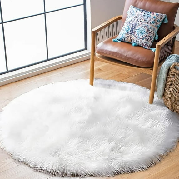 iLieber Sheepskin Soft Fluffy Fur 5x5 White Area Rug, Fuzzy Rug Washable Faux Fur Rug for Living Room Nursery Playroom Round