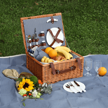 iLivin Large Willow Picnic Basket Set for 2, Including Wine Pouch, Glasses, Tableware, Insulated Cooler Bag & Waterproof Picnic Blanket, Gift for Birthday, Anniversary, Thanksgiving and Christmas