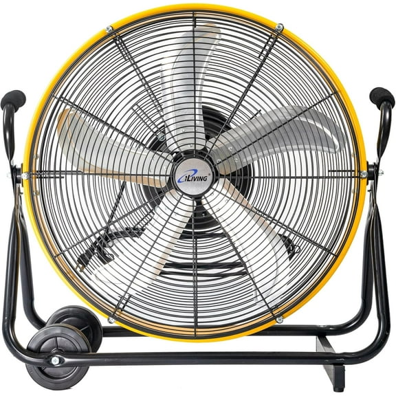 iLiving 24 Inch 3-Speed Orbital Internal Oscillating High Velocity Barrel Floor Fan, 7800 CFM, Yellow