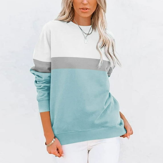 iMESTOU Color Block Crewneck Sweatshirt for Women Warm Women's Long Sleeve Sweatshirt Casual Sweatshirt L Blue