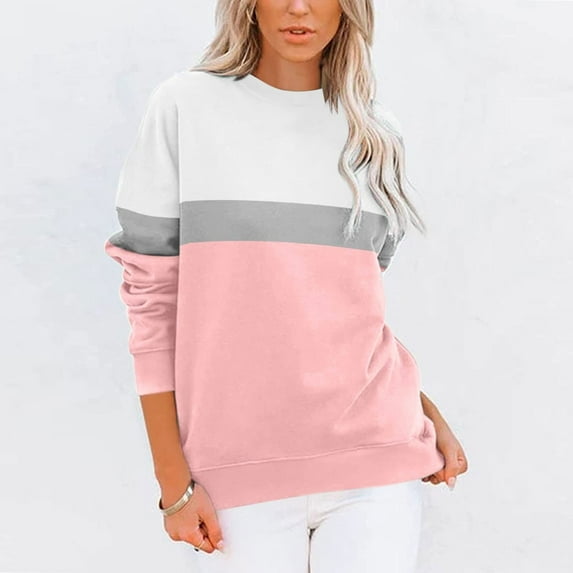 iMESTOU Colorblock O-Neck Sweatshirt for Women Trendy Women's Long Sleeve Sweatshirt Soft Sweatshirt XL Pink