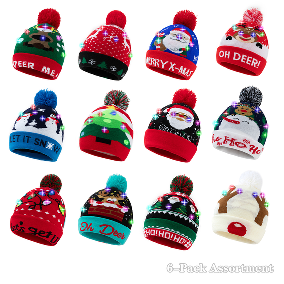 iMZOON 6-Pack LED Christmas Light Hat Adult Beanie Hats for Men Women ...