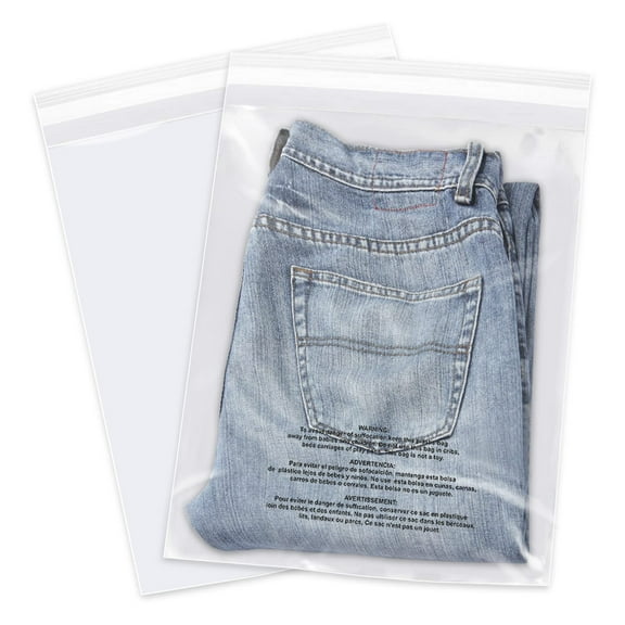 iMailer - 100 Count - 14" x 20" Clear Plastic Poly Bags with Suffocation Warning Self Seal 1.6 Mil for Clothing, T-Shirts, Pants-Resealable Adhesive,Not Strong