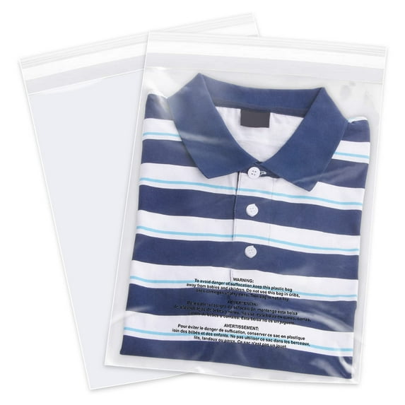 iMailer - 200 Count - 12" x 18" Poly Bags with Suffocation Warning - Clear Plastic Packaging Bags for Clothing, T-Shirts - Resealable Adhesive, Not Strong