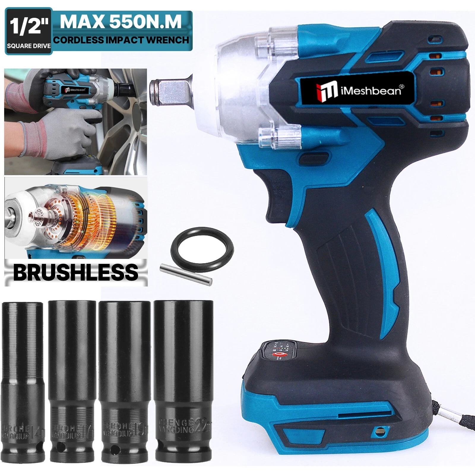 iMeshbean 1/2" Cordless Electric Impact Wrench 550N.m High Torque Brushless Drill Bare Tool