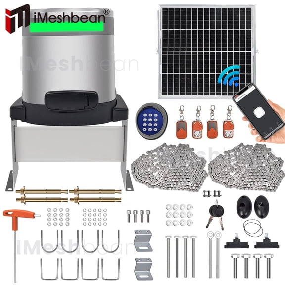iMeshbean 1/3HP 1800LBS Automatic Solar Sliding Gate Opener Chain Driven APP, Keypad, 4 Remote Controls
