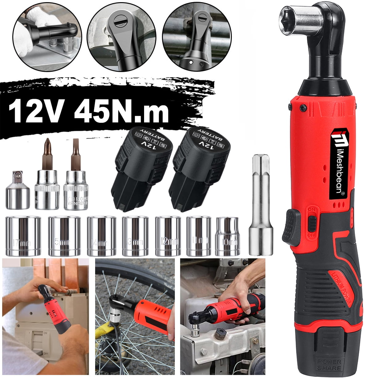 iMeshbean 1/4&3/8'' Cordless Ratchet Right Angle Wrench Impact Power Tool 2 Battery 45NM