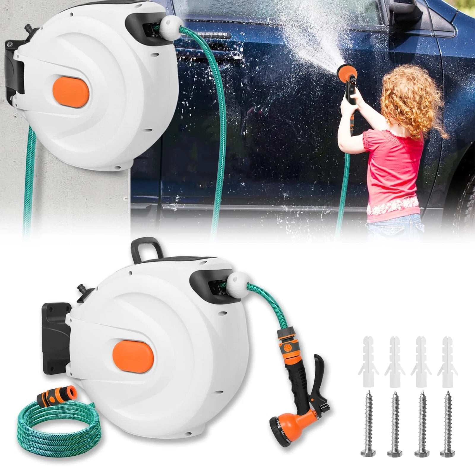 iMeshbean 100' x 5/8" Retractable Hose Reel Auto Water Hose Reel 180° Swivel Wall-Mounted