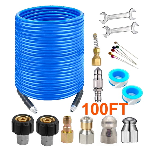 iMeshbean 100FT 1/4" Hose Sewer Line and Drain Jetter Kit w/ Sewer Nozzle&Adapters