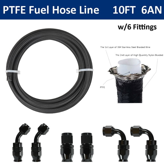 iMeshbean 10FT 6AN-AN6 Black Nylon E85 PTFE Fuel Line w/ 6 Fittings Hose Kit