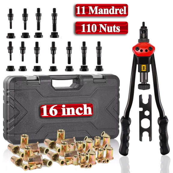 iMeshbean 110Pcs/Set 16" Riveter Gun Auto Rivet Tool 110 Stainless Steel Nut Insert Tools Mandrel Kit