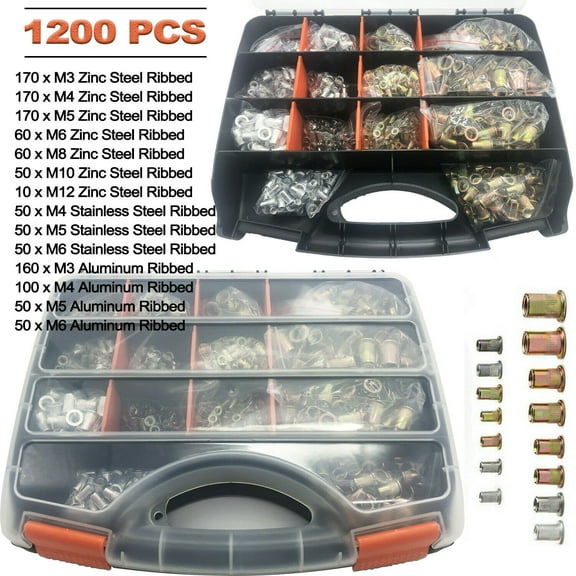 iMeshbean 1200pcs Zinc Steel Stanless Aluminum Ribbed Plated Carbon Steel Rivet Nut Flat Head Rivnut Threaded Insert Nutsert Rivet Nut Assortment Kit Assorted in M3 M4 M5 M6 M8 M10 M12