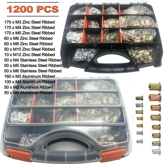 iMeshbean 1200pcs Zinc Steel Stanless Aluminum Ribbed Plated Carbon Steel Rivet Nut Flat Head Rivnut Threaded Insert Nutsert Rivet Nut Assortment Kit Assorted in M3 M4 M5 M6 M8 M10 M12