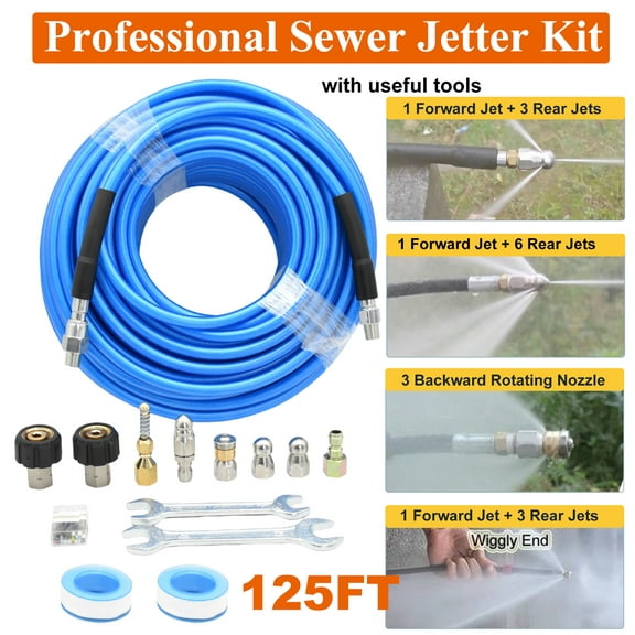 iMeshbean 125FT 1/4" Hose Sewer Line and Drain Jetter Kit w/ Sewer Nozzle&Adapters