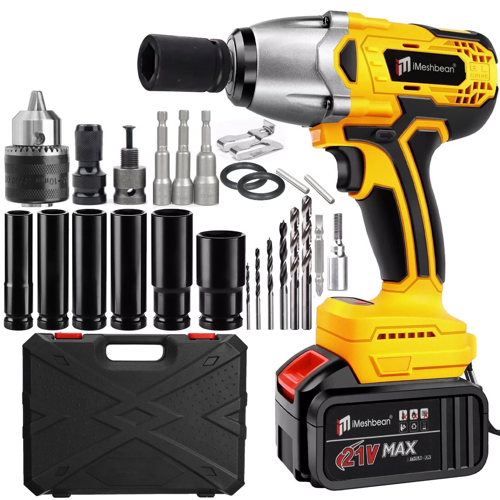 iMeshbean 1/2" Cordless Electric Impact Wrench Brushless Motor High Power Driver W/ 21V Li-ion Battery Fit For Dewalt