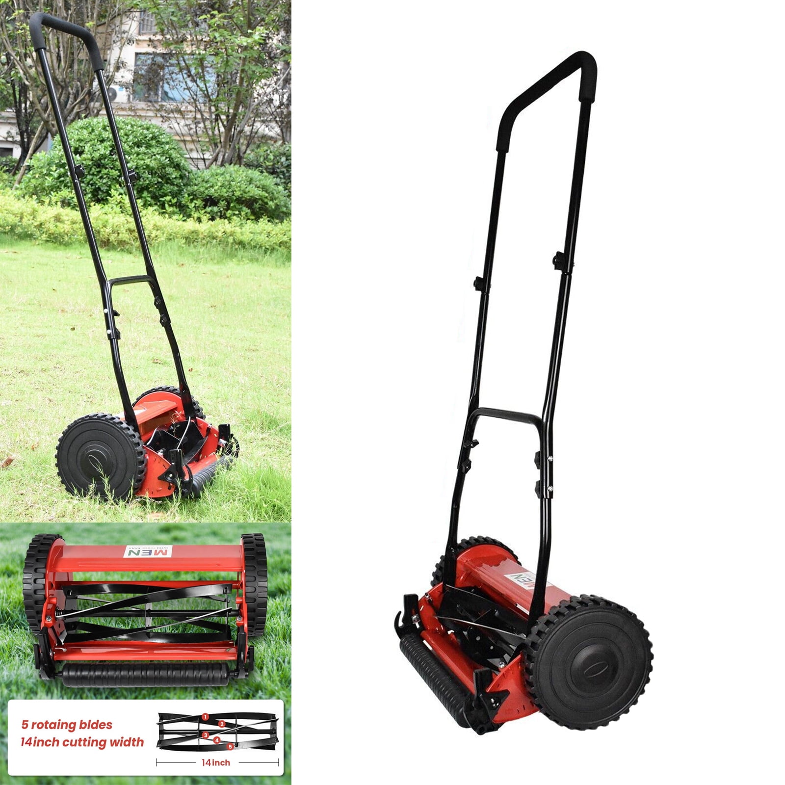 iMeshbean 14Inch 5Blade Manual Reel Lawn Mower, 2 Wheels Adjustable