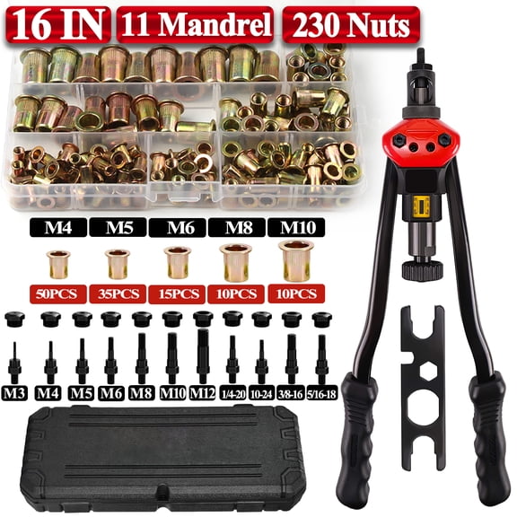 iMeshbean 16" Rivet Gun Kit Auto Pumping Rod Riveter Thread Setting Tool, With 11 Mandrels & 230 Nuts