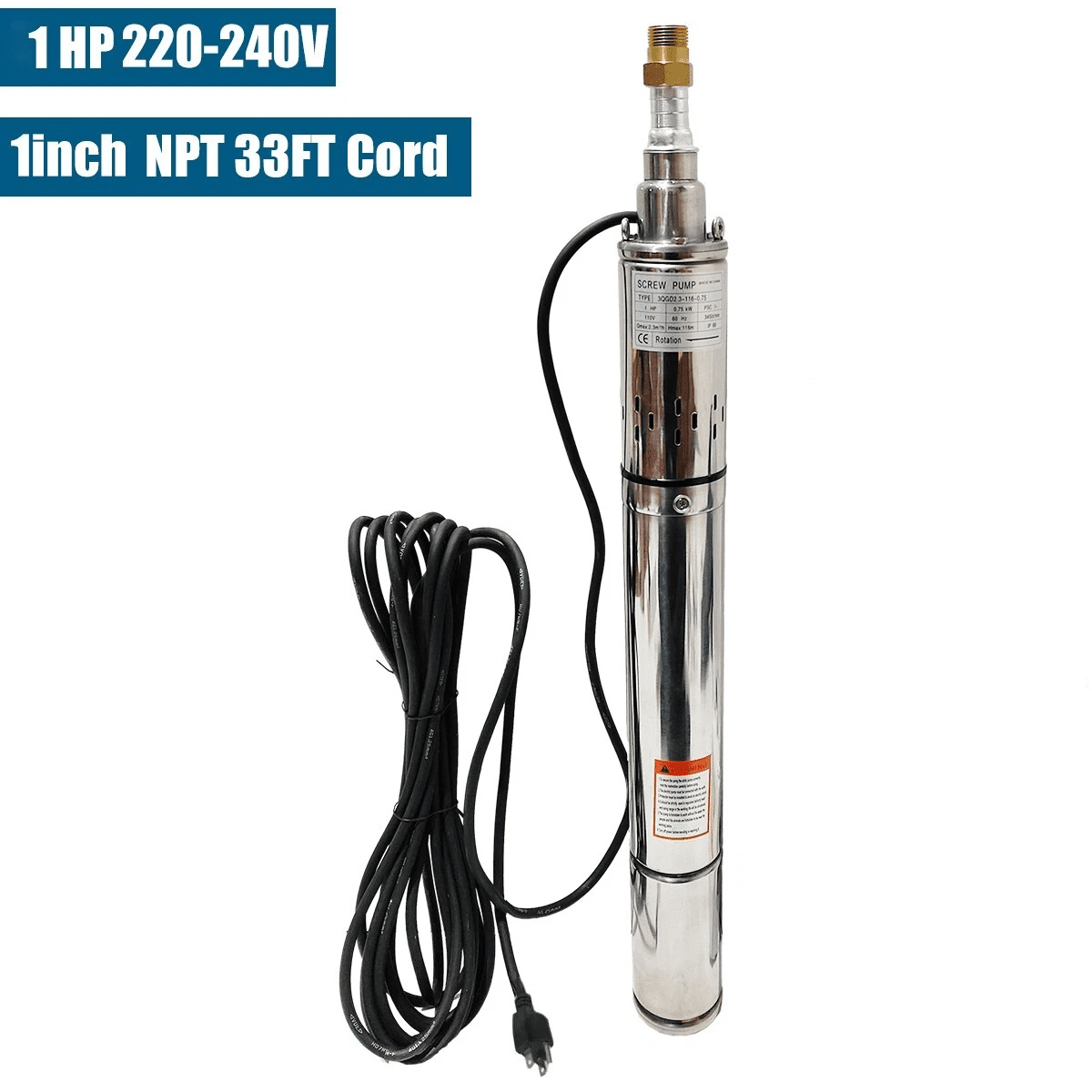 iMeshbean 1HP 3"OD Deep Well Submersible Pump Screw Water Pump 220V-240V 380FT Hmax 10GPM 33ft Cord