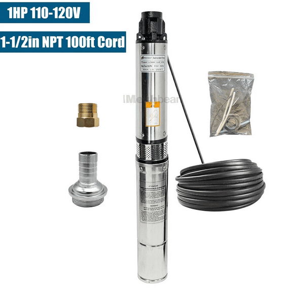 iMeshbean 1HP 4" Deep Well Submersible Pump 110V 33 GPM 276FT Max Lift Stainless Steel Submersible Pump 1-1/2" NPT w/100FT Cord