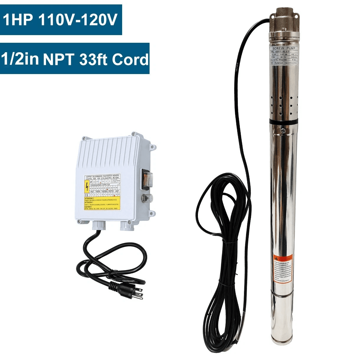 iMeshbean 2" OD 1/2HP Deep Well Submersible Pump 110V 4.4GPM 164FT Max 33FT Cord 1/2in NPT