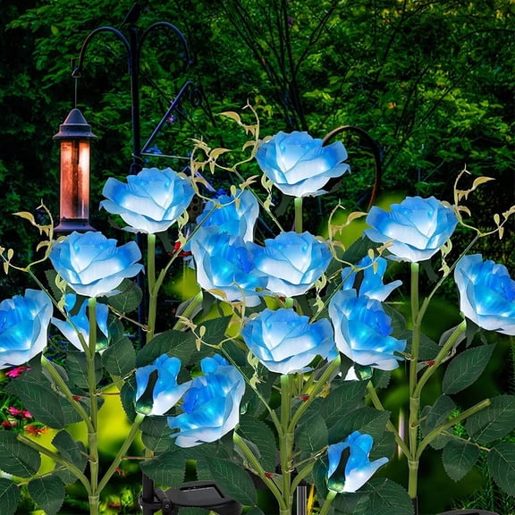 iMeshbean 2 Pack Solar Flowers Lights Outdoor Garden, Waterproof LED Roses Flowers Lights, Blue