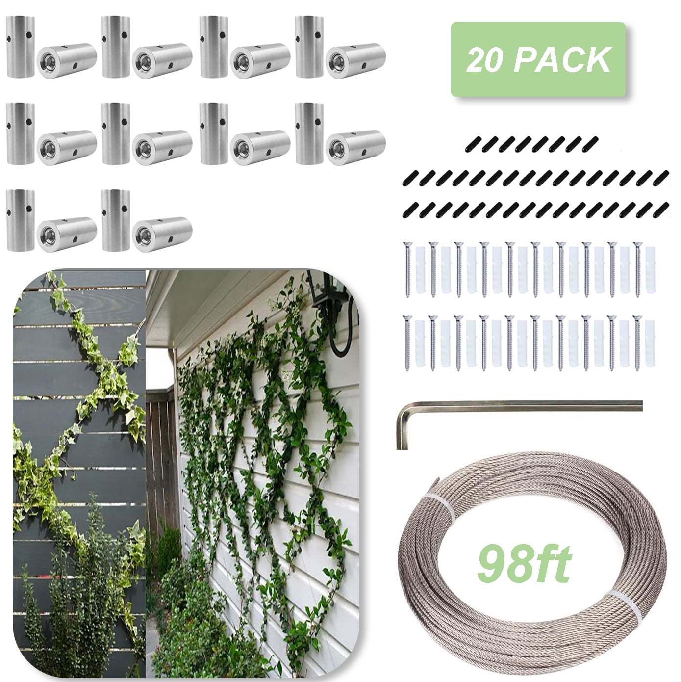 iMeshbean 20 Pack Wall Wire Trellis Kit,316 Stainless Steel Green Wall